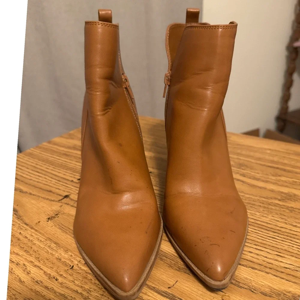 Nine West sz 7.5 Coffee Brown Zip Up Pointed Toe Chunky Heel Boot Chic Fall Edgy - Picture 8 of 15